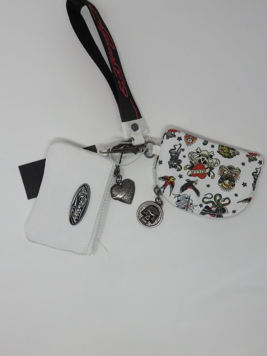 (#132) Ed Hardy 2 White/Multicolor mini wristlet wallet Zippered Keychain - Picture 2 of 6